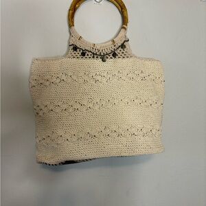 St. John's Bay Cream Crochet Tote with Bamboo Handles